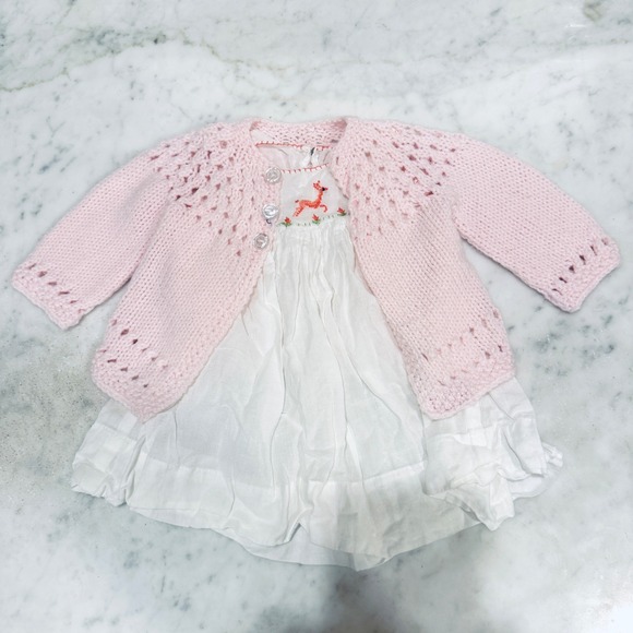Handmade Knit Cardigan Dress Set Embroidered Deer Detail Baby Girl Clothes - Picture 1 of 5